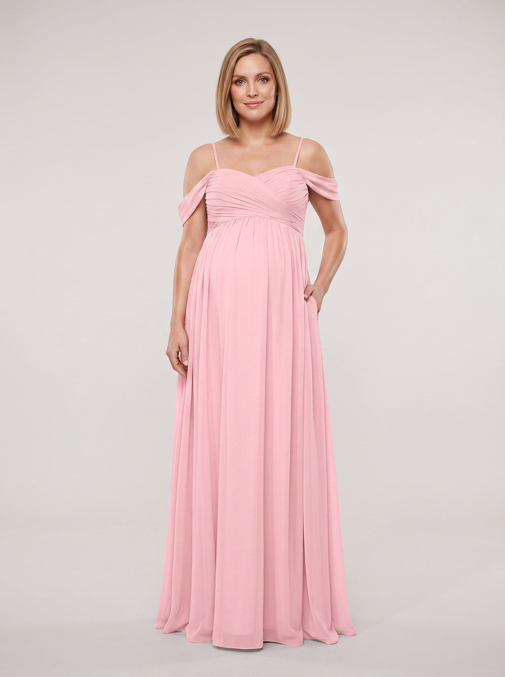 Petal Chiffon Empire Off-the-Shoulder Back Zip Floor-Length Dress with Draped Sweetheart Bodice