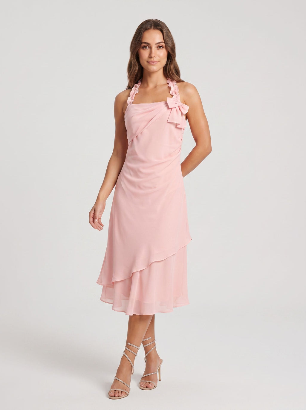 Petal Chiffon Mermaid Halter neckline Backless Tea-Length Dress with Pleated Ruffles