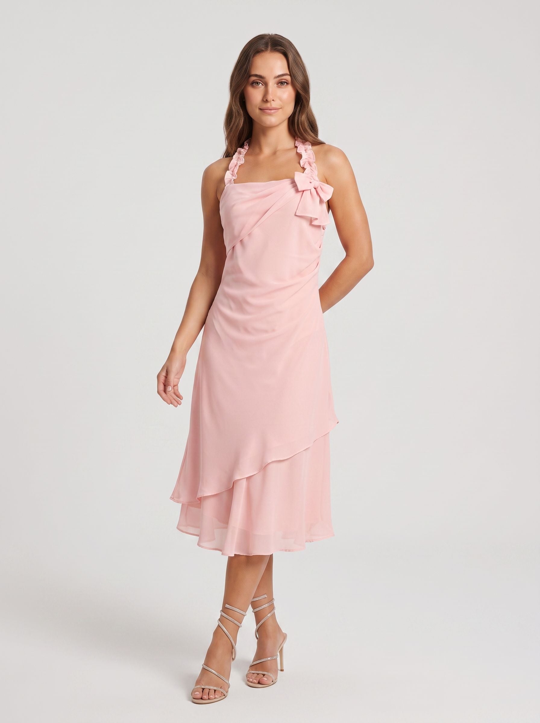 Petal Chiffon Mermaid Halter neckline Backless Tea-Length Dress with Pleated Ruffles