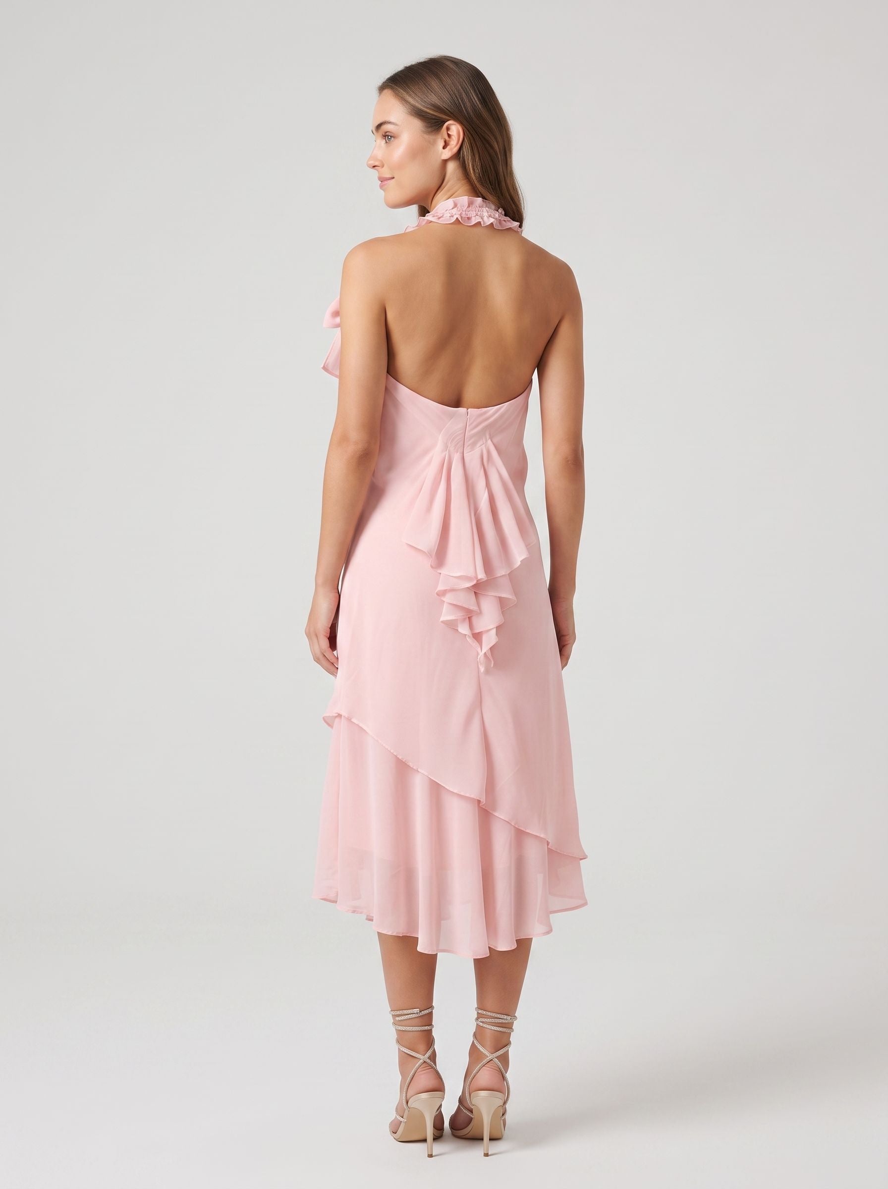Petal Chiffon Mermaid Halter neckline Backless Tea-Length Dress with Pleated Ruffles