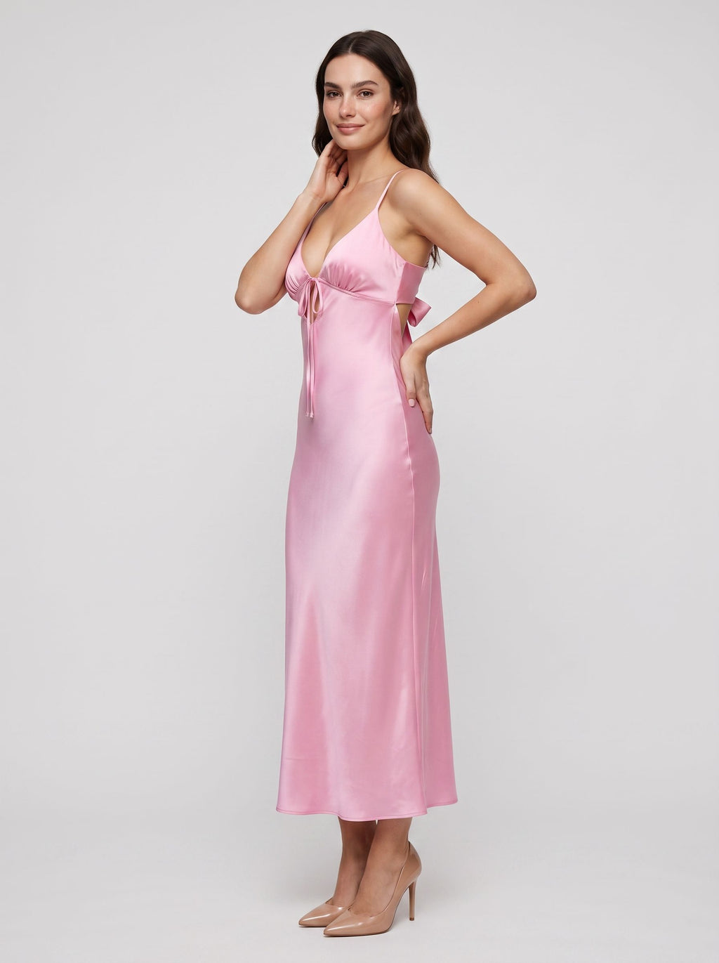 Petal Satin column V-Neck Bow Floor-Length Dress with Spaghetti Straps