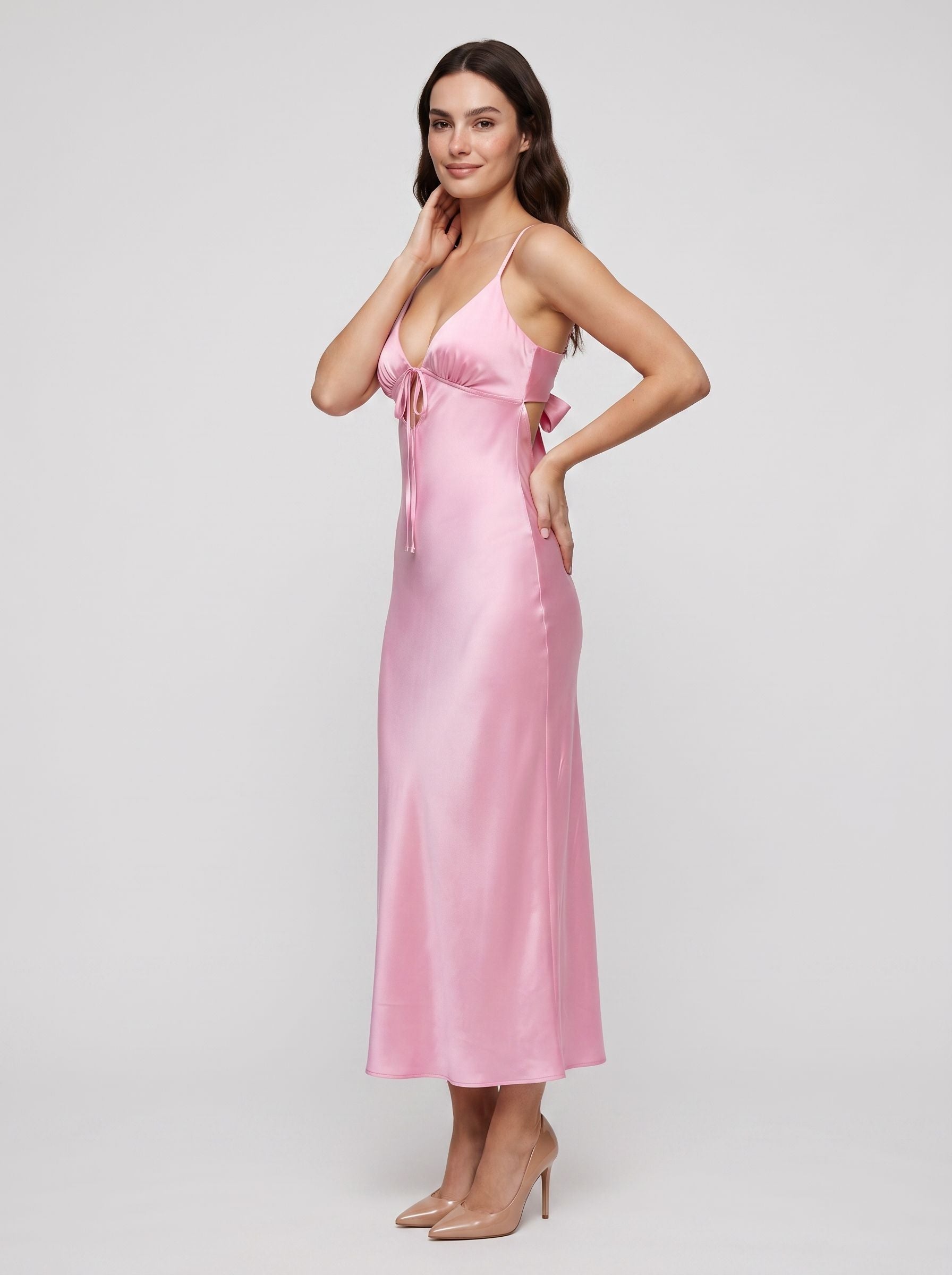 Petal Satin column V-Neck Bow Floor-Length Dress with Spaghetti Straps