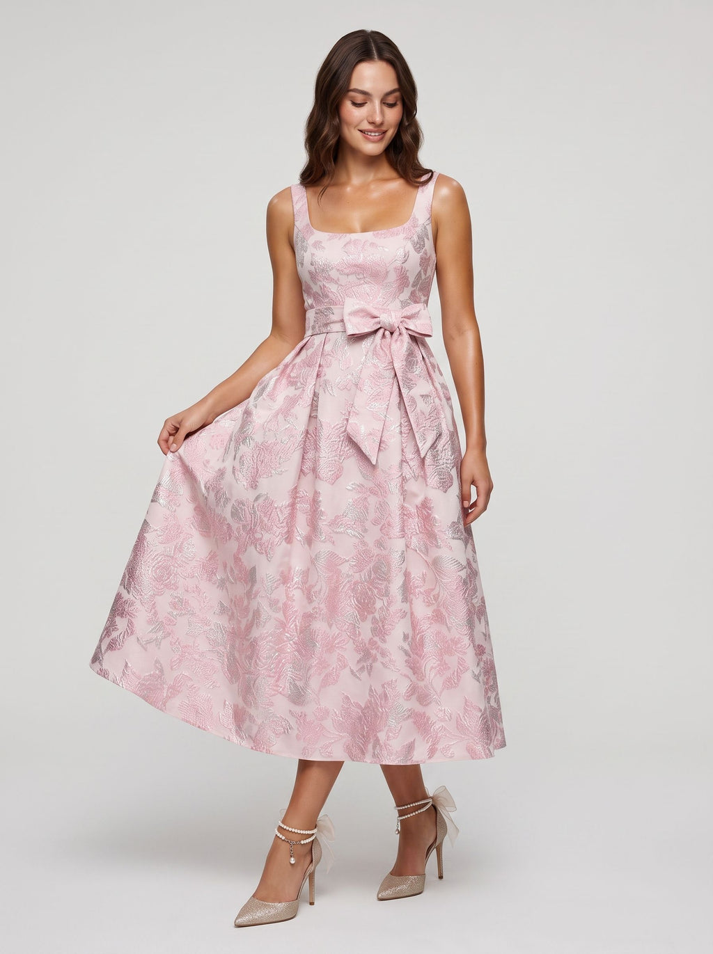 Petal Jacquard A-Line Square Neck Back Zip Midi Dress with Floral Texture
