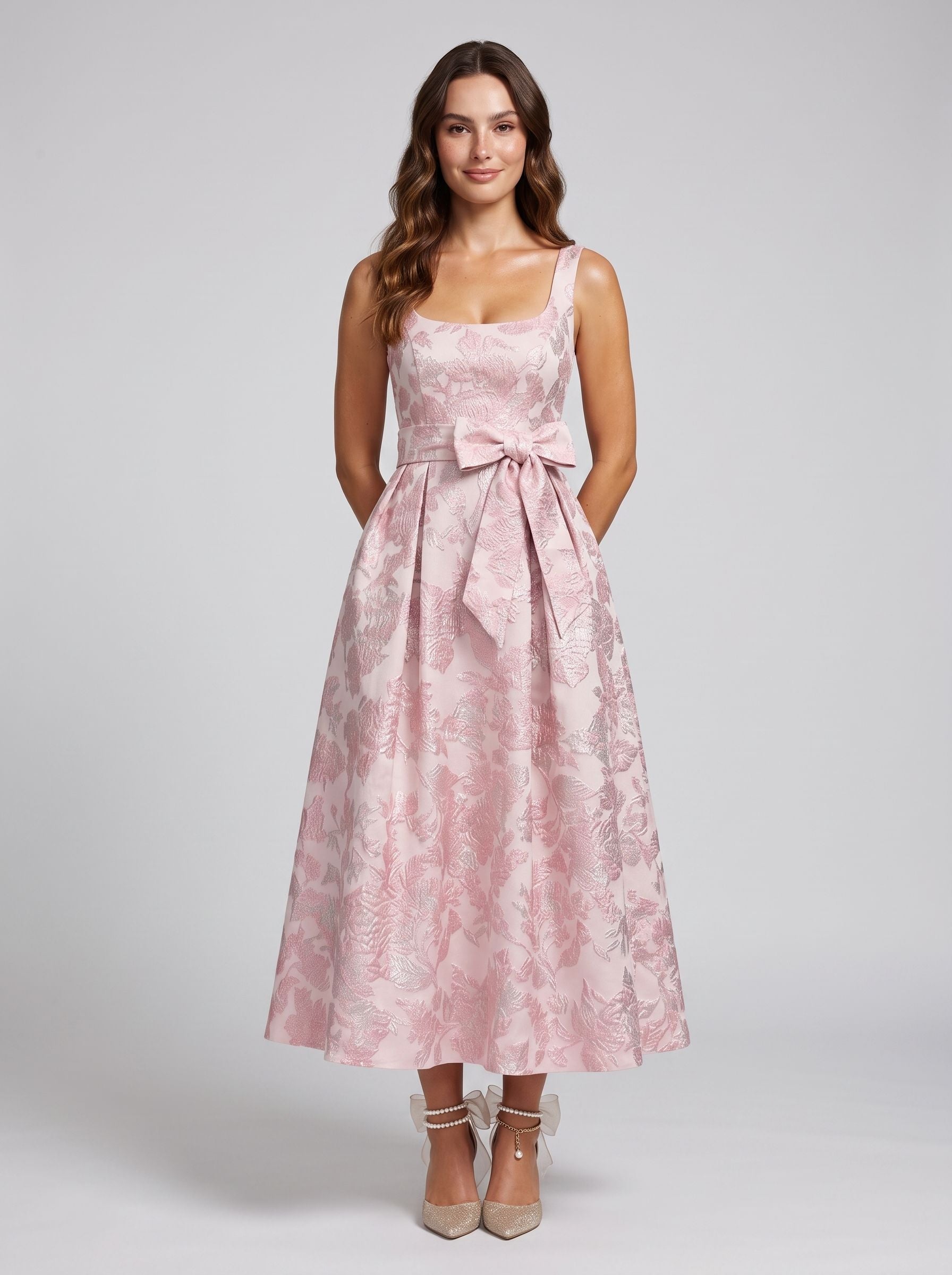 Petal Jacquard A-Line Square Neck Back Zip Midi Dress with Floral Texture