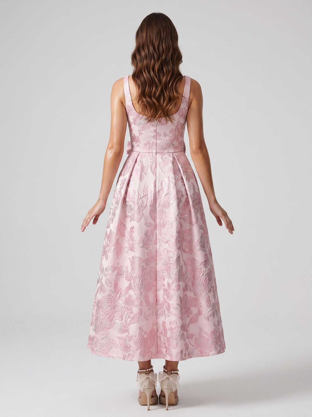 Petal Jacquard A-Line Square Neck Back Zip Midi Dress with Floral Texture