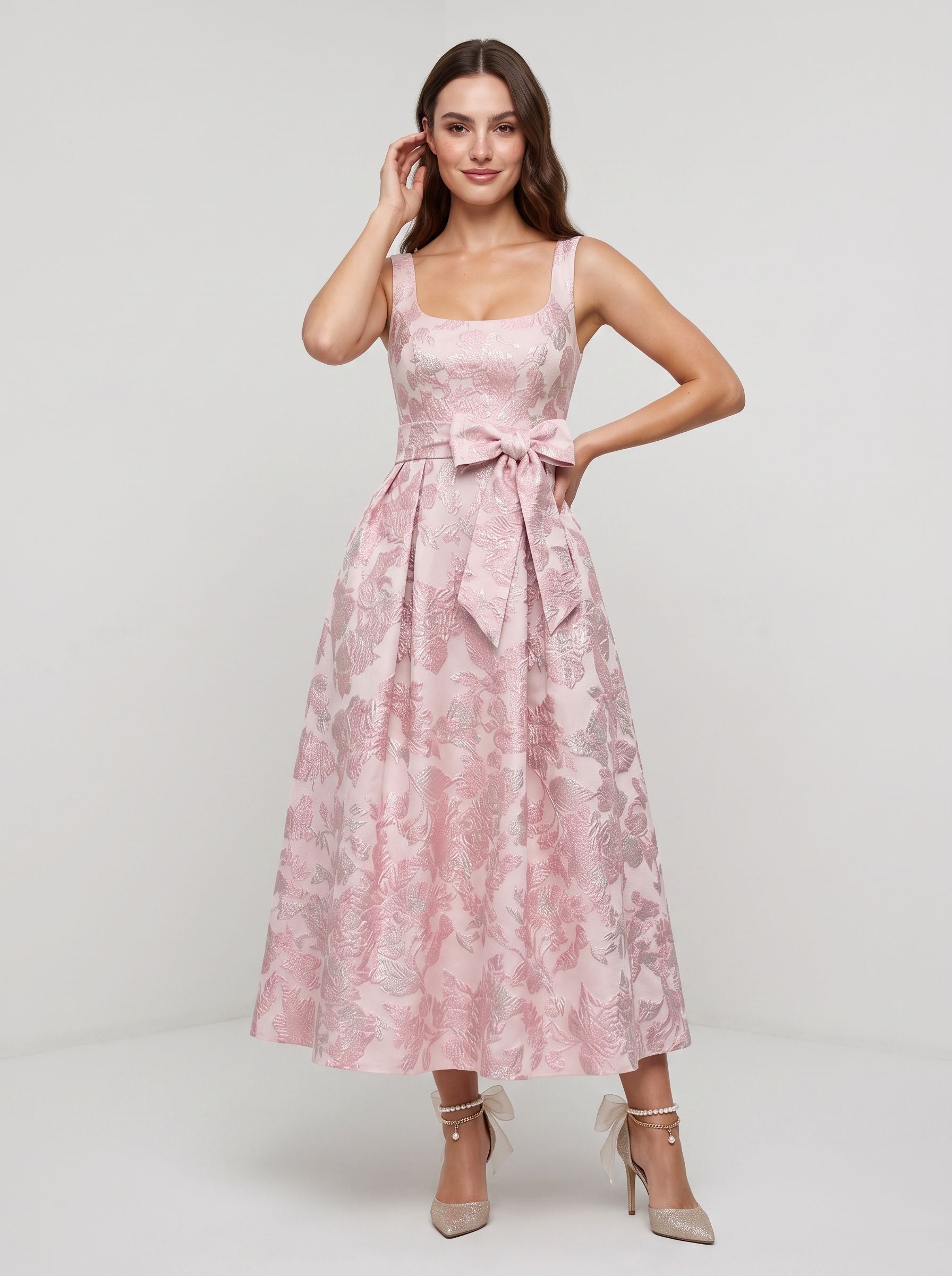Petal Jacquard A-Line Square Neck Back Zip Midi Dress with Floral Texture