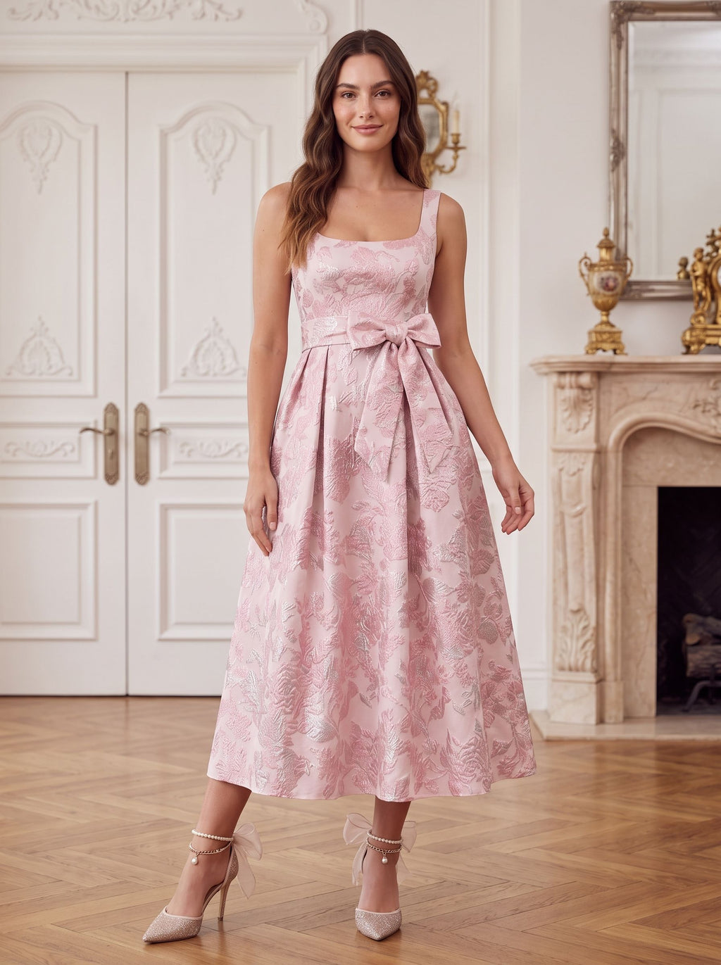 Petal Jacquard A-Line Square Neck Back Zip Midi Dress with Floral Texture