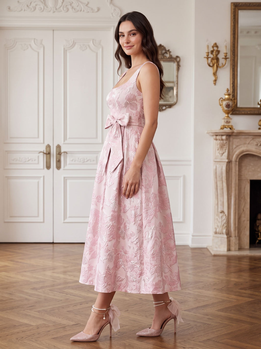 Petal Jacquard A-Line Square Neck Back Zip Midi Dress with Floral Texture