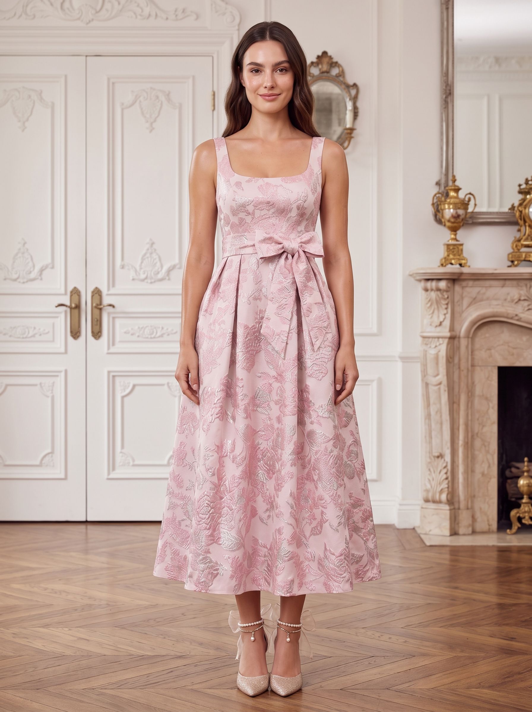 Petal Jacquard A-Line Square Neck Back Zip Midi Dress with Floral Texture