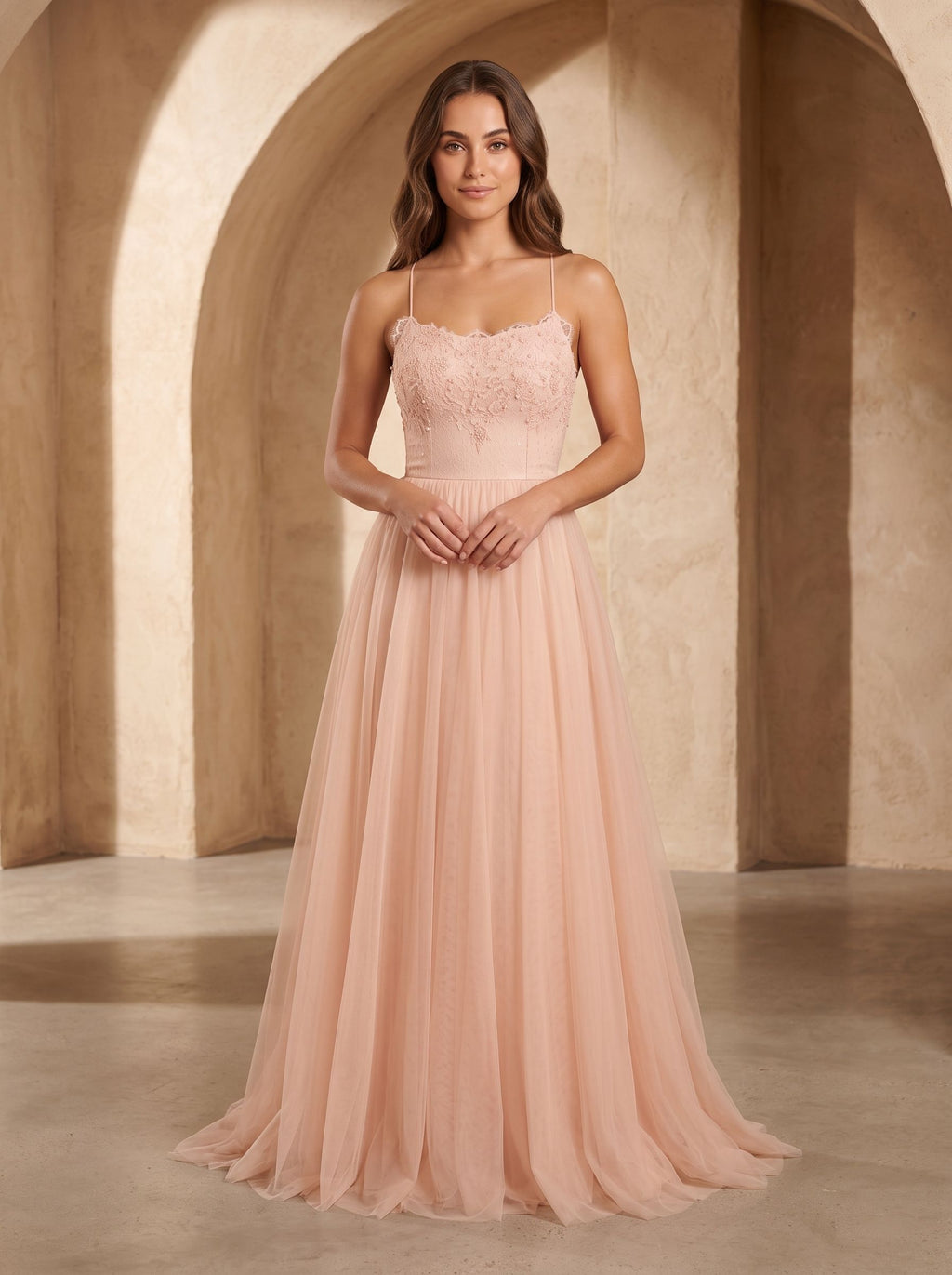 Blushing Pink Tulle A-Line  Scoop Neck  Lace-up Floor-Length Dress with Lace Overlay