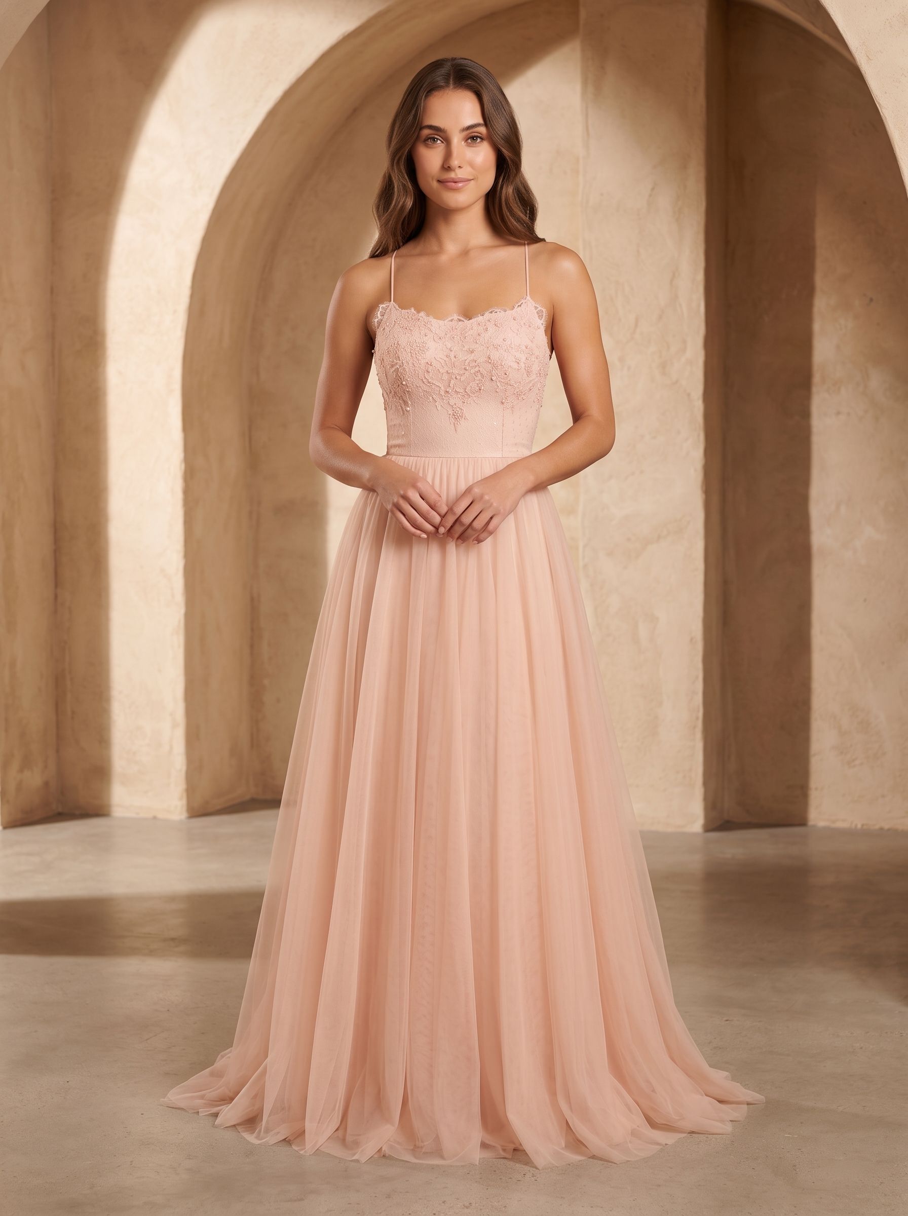 Blushing Pink Tulle A-Line  Scoop Neck  Lace-up Floor-Length Dress with Lace Overlay