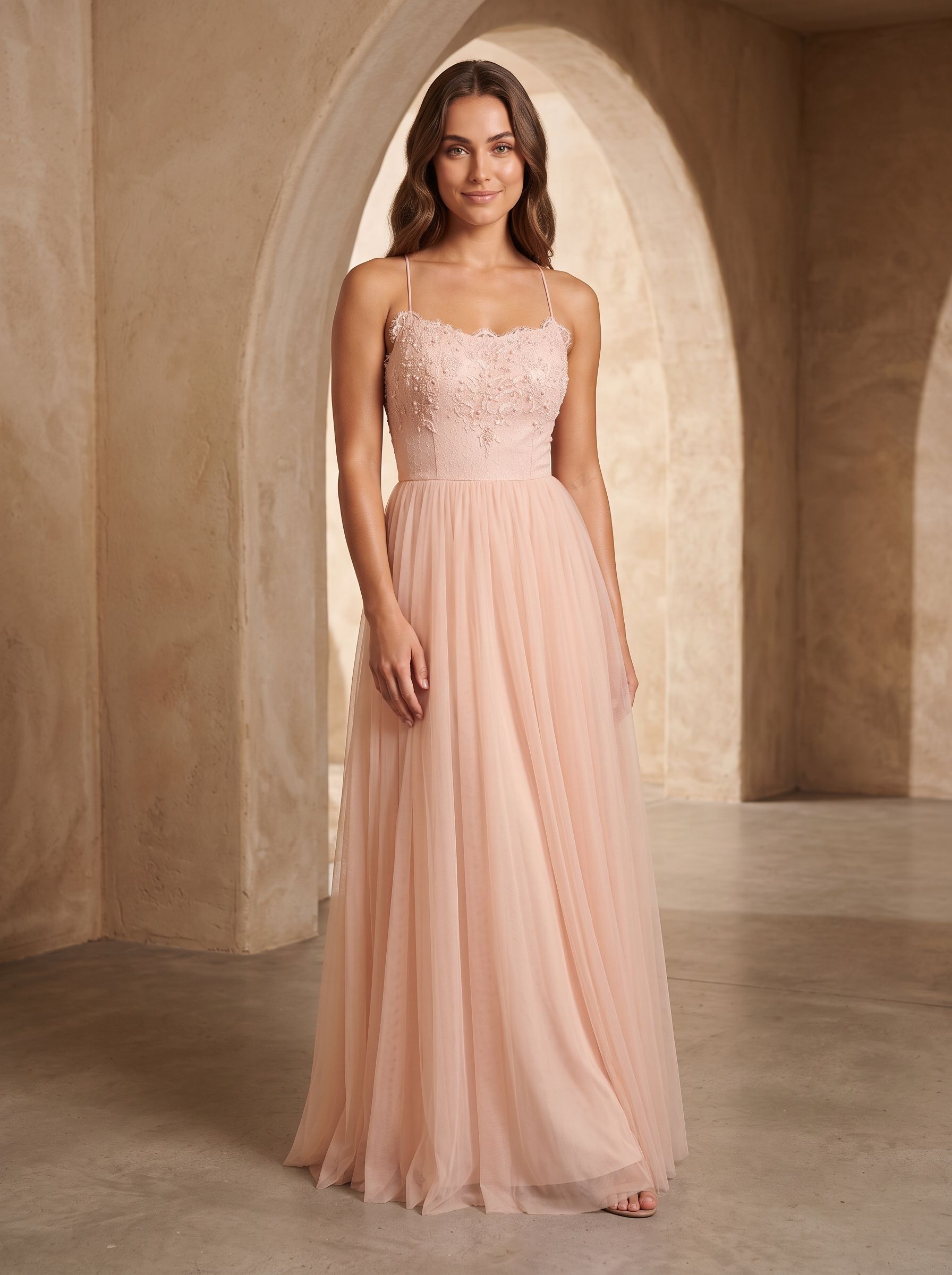Blushing Pink Tulle A-Line  Scoop Neck  Lace-up Floor-Length Dress with Lace Overlay