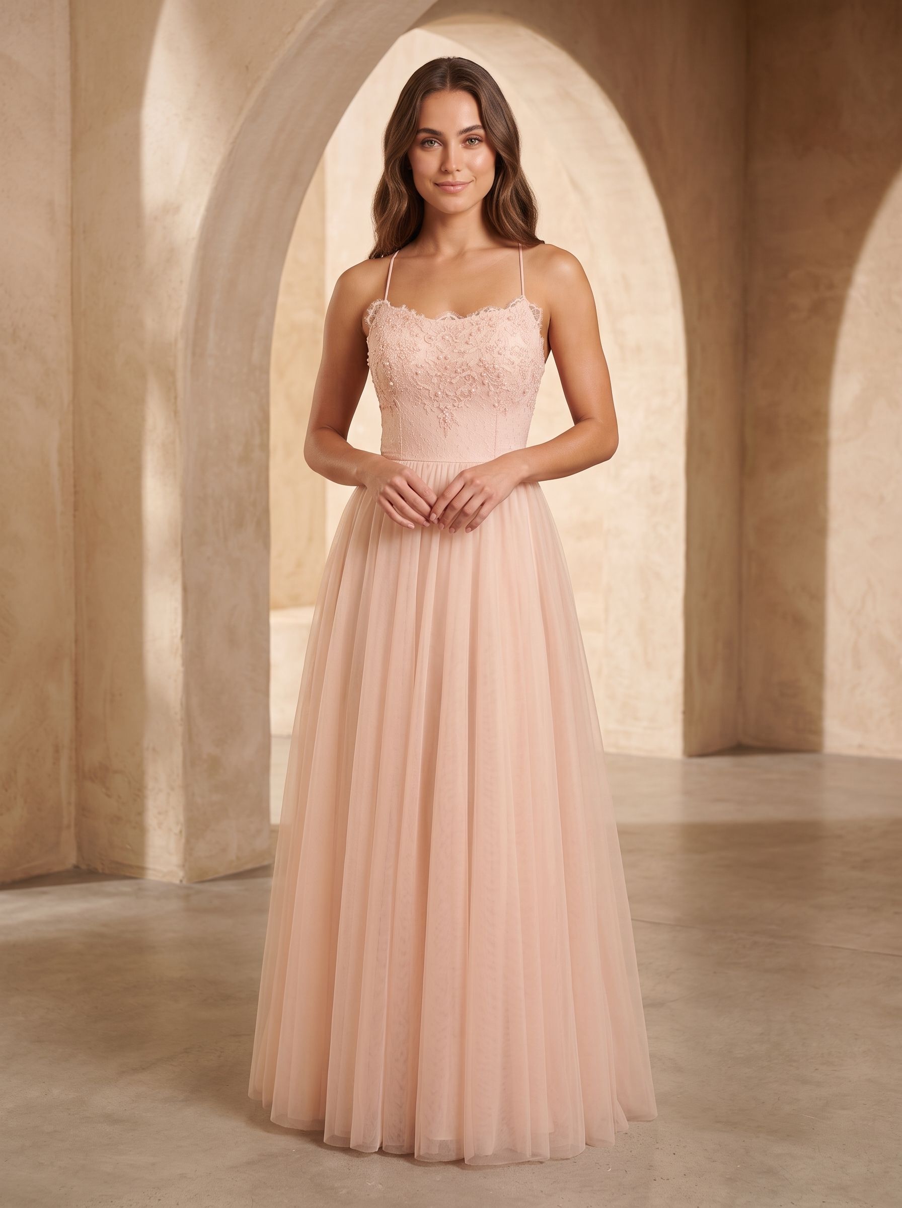 Blushing Pink Tulle A-Line  Scoop Neck  Lace-up Floor-Length Dress with Lace Overlay