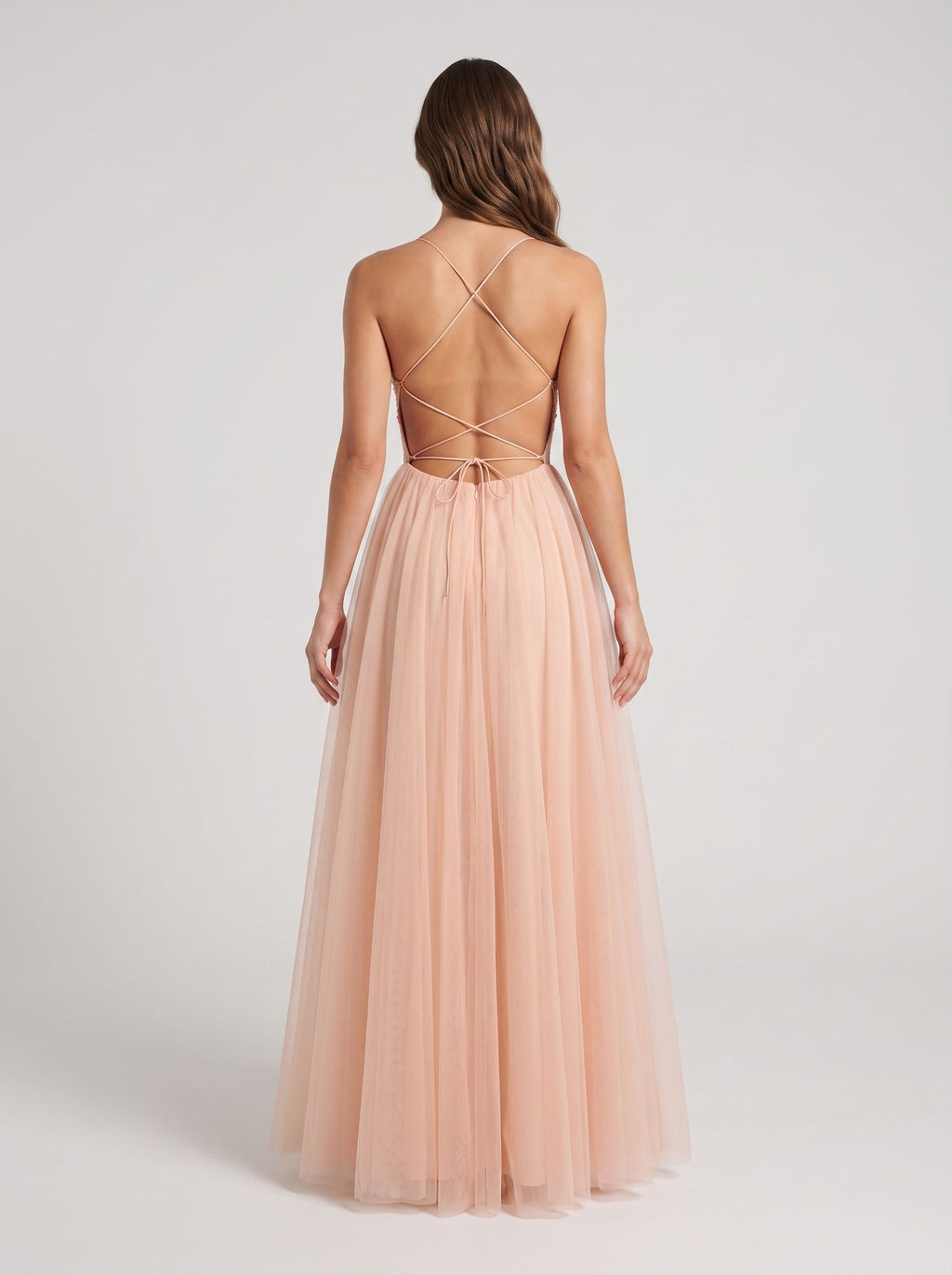 Blushing Pink Tulle A-Line  Scoop Neck  Lace-up Floor-Length Dress with Lace Overlay