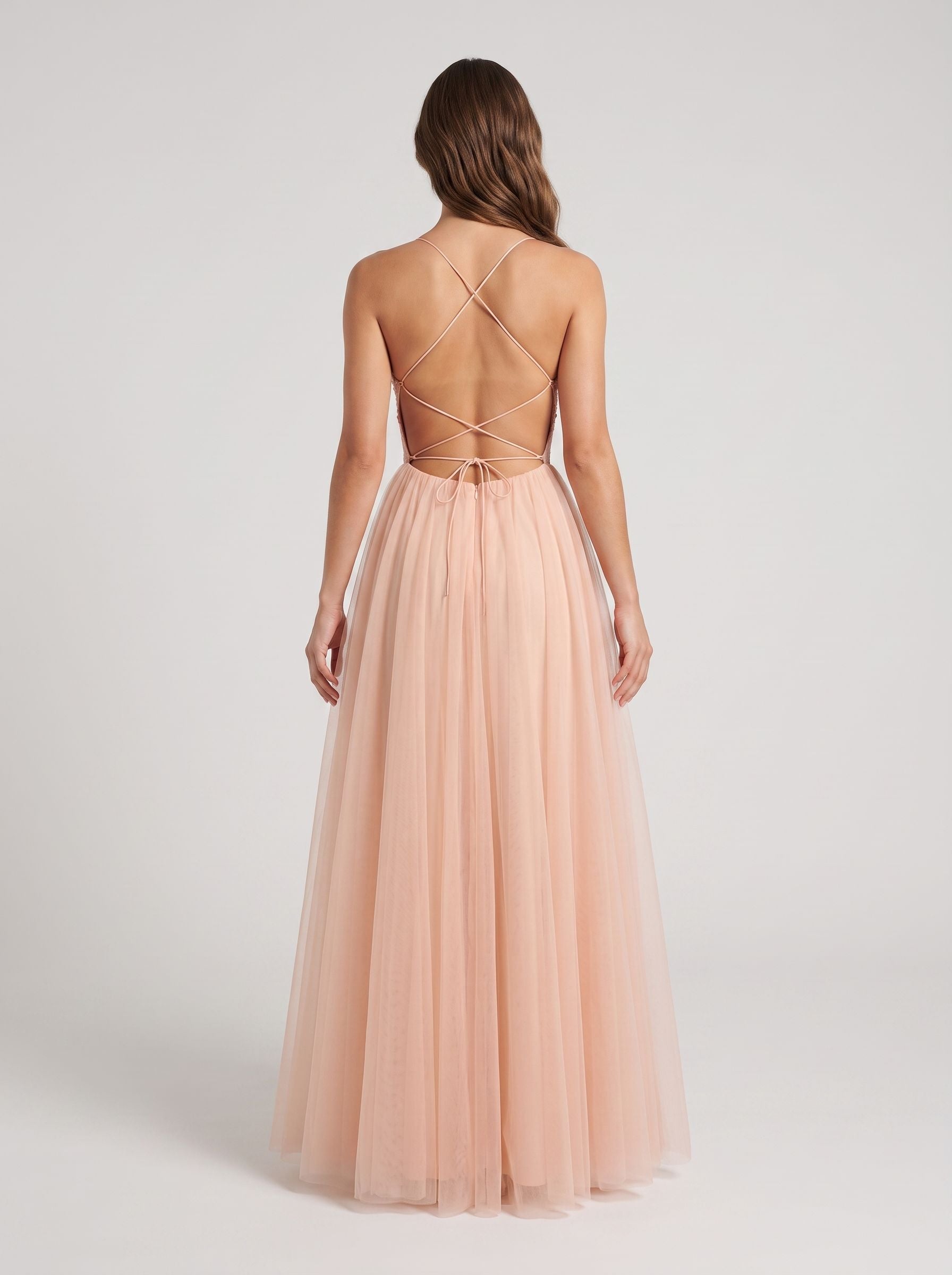 Blushing Pink Tulle A-Line  Scoop Neck  Lace-up Floor-Length Dress with Lace Overlay