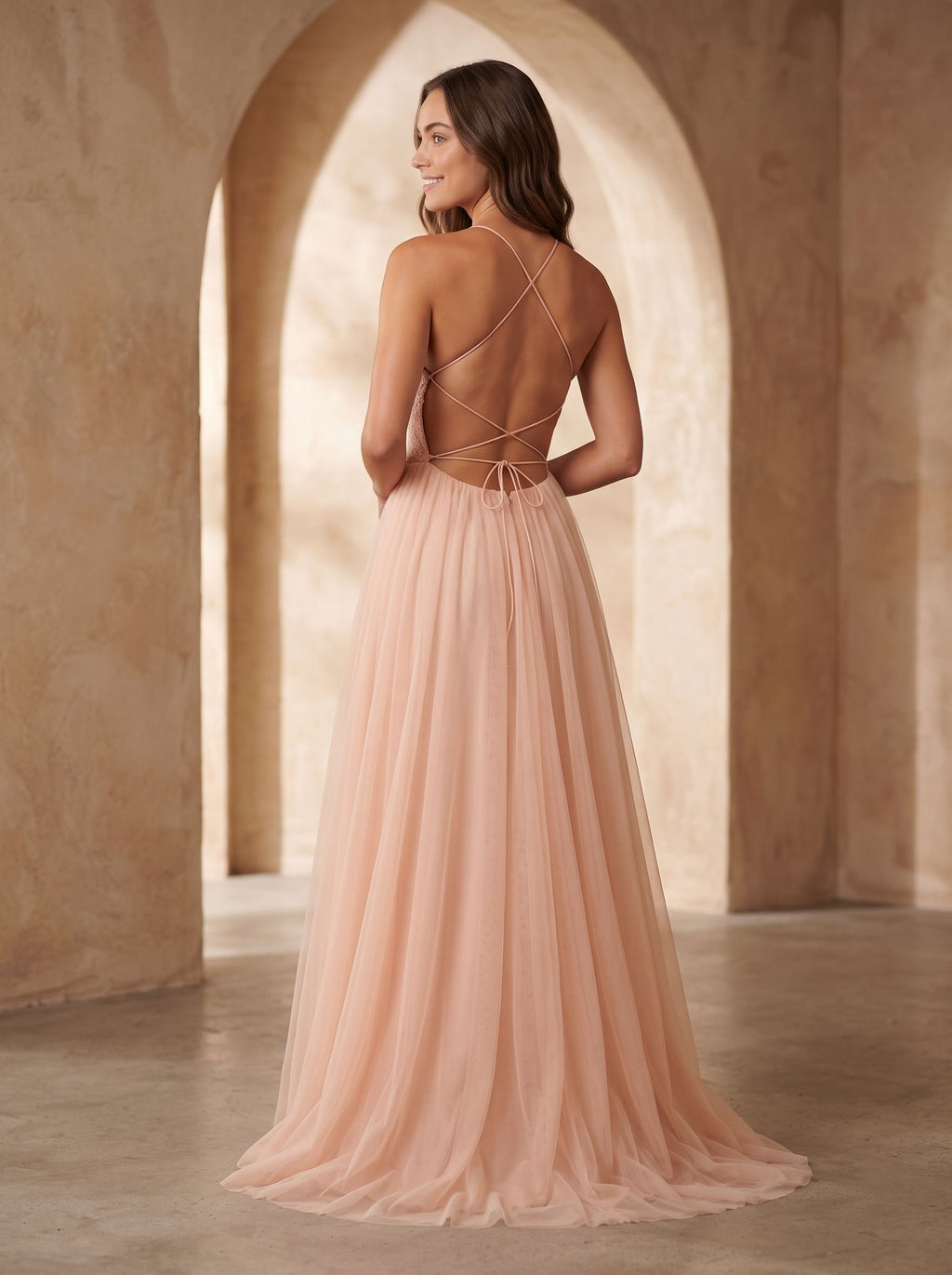 Blushing Pink Tulle A-Line  Scoop Neck  Lace-up Floor-Length Dress with Lace Overlay