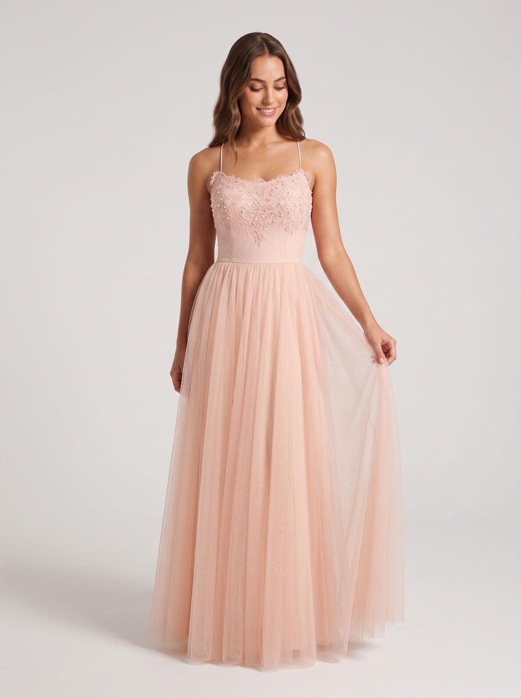 Blushing Pink Tulle A-Line  Scoop Neck  Lace-up Floor-Length Dress with Lace Overlay