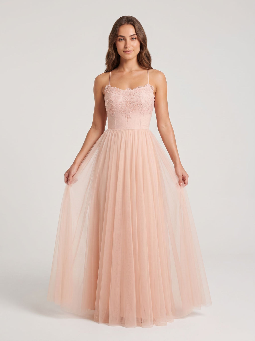 Blushing Pink Tulle A-Line  Scoop Neck  Lace-up Floor-Length Dress with Lace Overlay