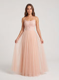 Blushing Pink Tulle A-Line  Scoop Neck  Lace-up Floor-Length Dress with Lace Overlay