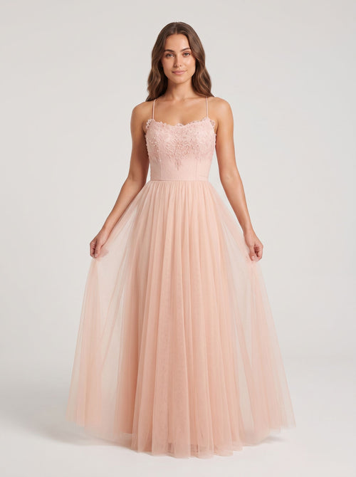 Blushing Pink Tulle A-Line  Scoop Neck  Lace-up Floor-Length Dress with Lace Overlay
