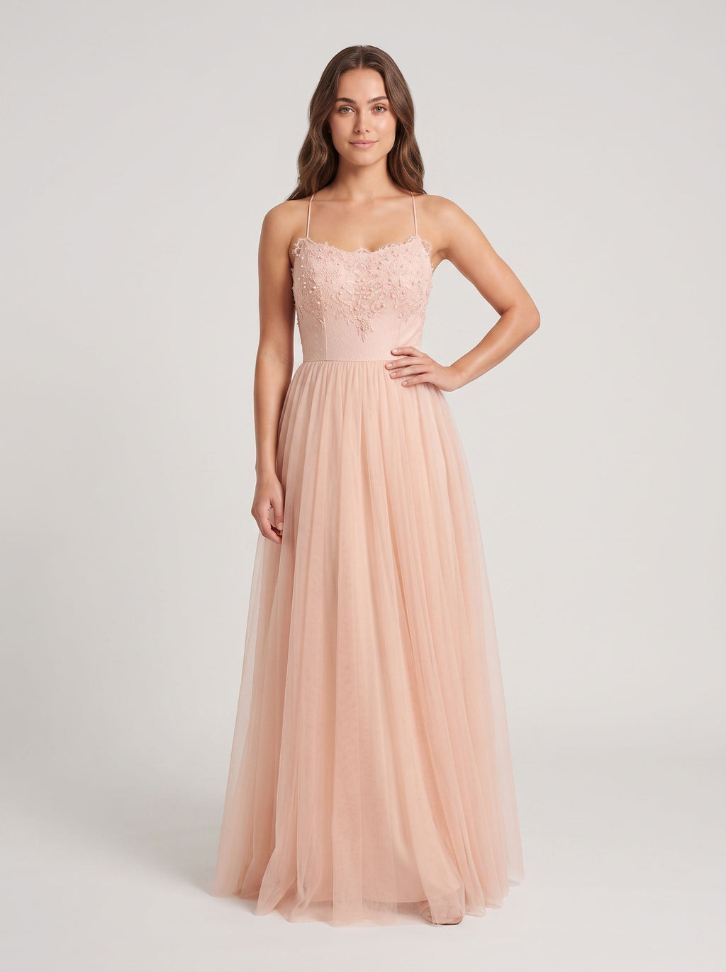 Blushing Pink Tulle A-Line  Scoop Neck  Lace-up Floor-Length Dress with Lace Overlay