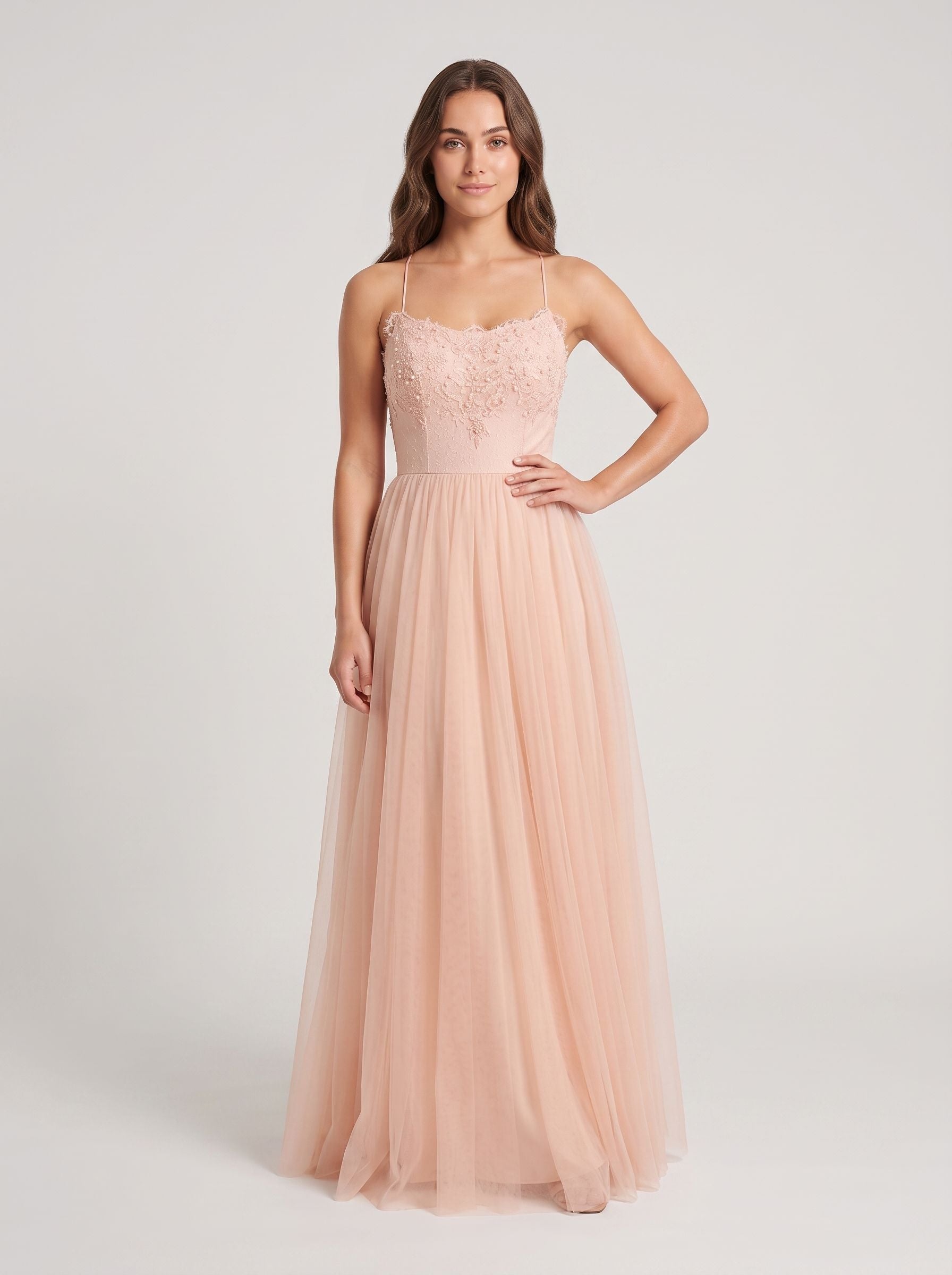 Blushing Pink Tulle A-Line  Scoop Neck  Lace-up Floor-Length Dress with Lace Overlay