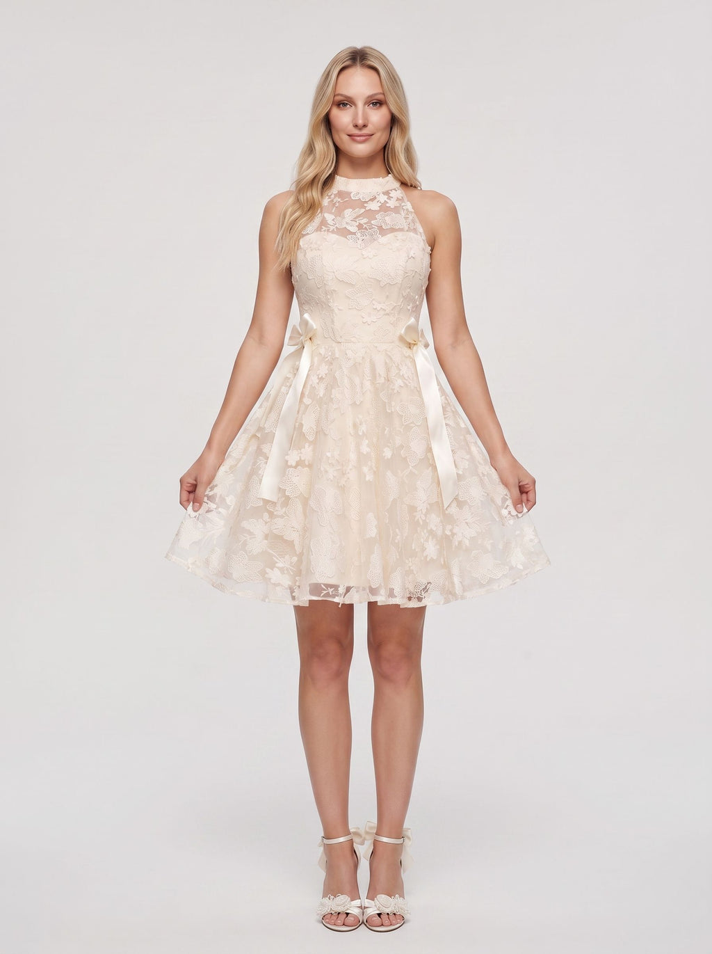 Ivory Lace A-Line Scoop Neckline Back Zip Short Dress with Scalloped Bodice