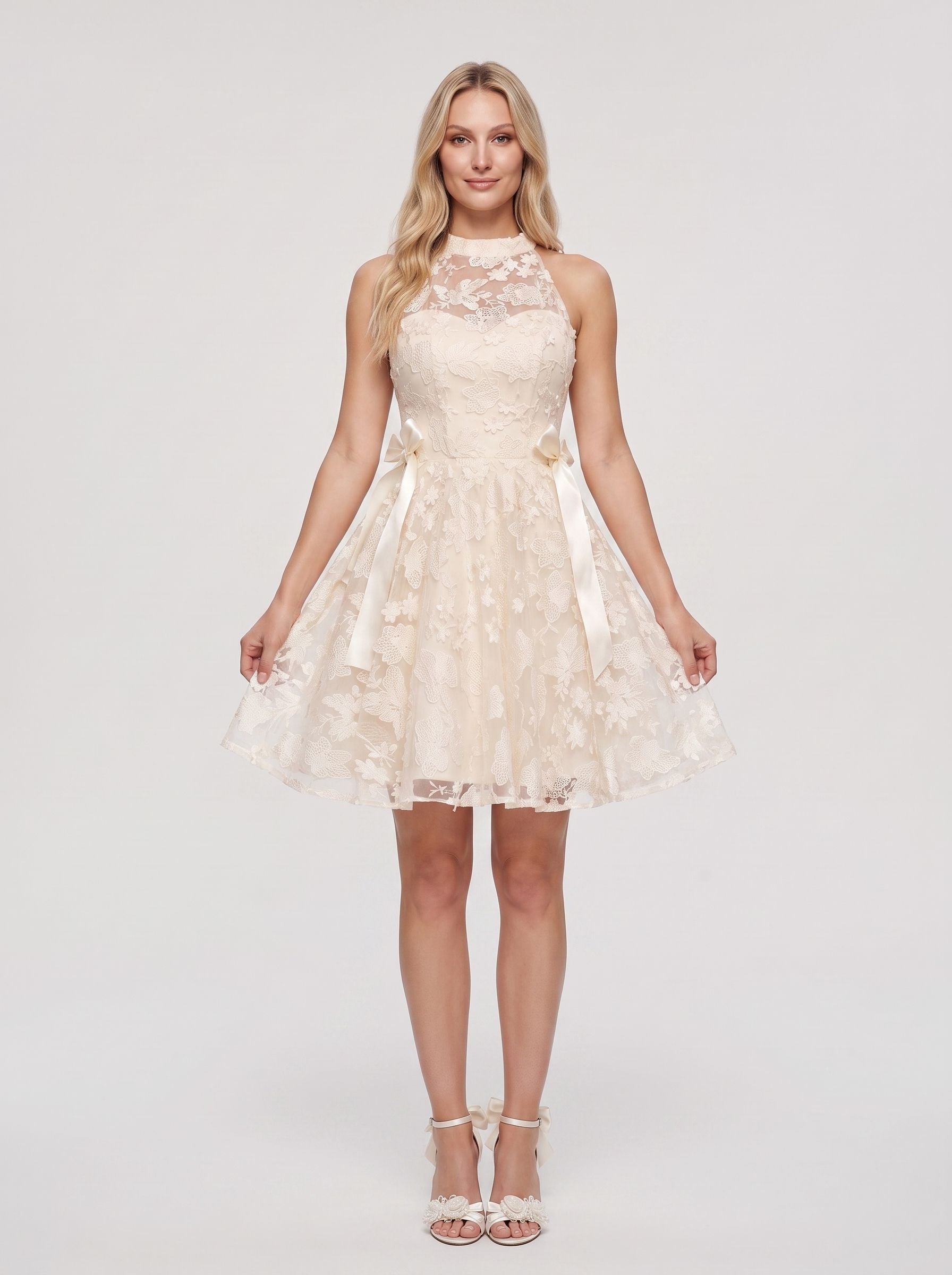 Ivory Lace A-Line Scoop Neckline Back Zip Short Dress with Scalloped Bodice
