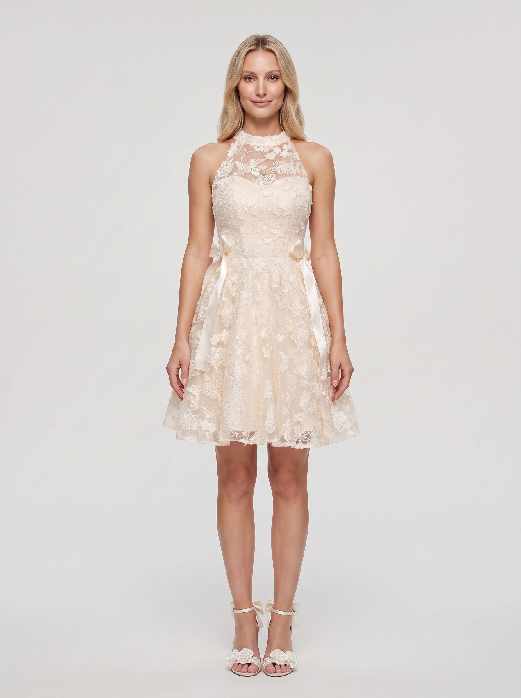 Ivory Lace A-Line Scoop Neckline Back Zip Short Dress with Scalloped Bodice