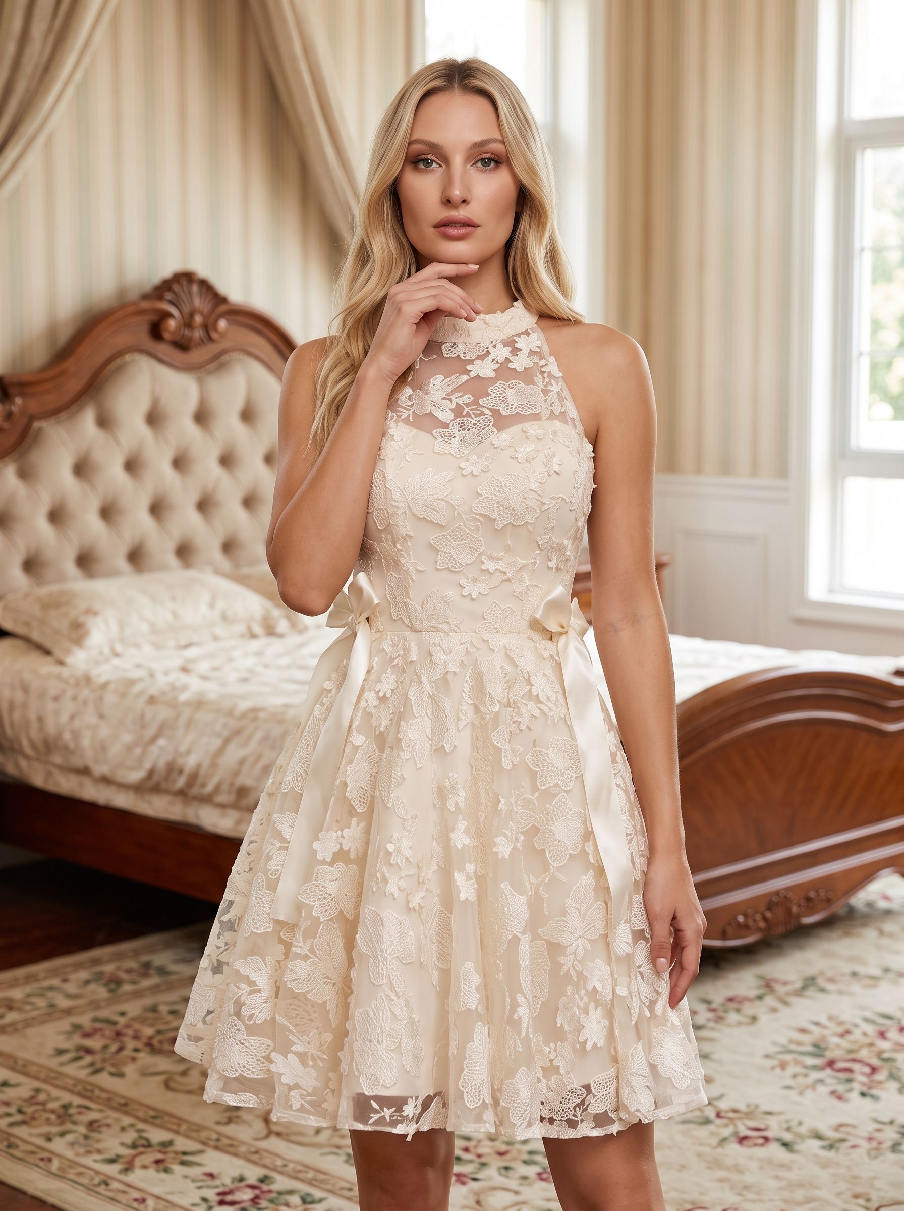 Ivory Lace A-Line Scoop Neckline Back Zip Short Dress with Scalloped Bodice