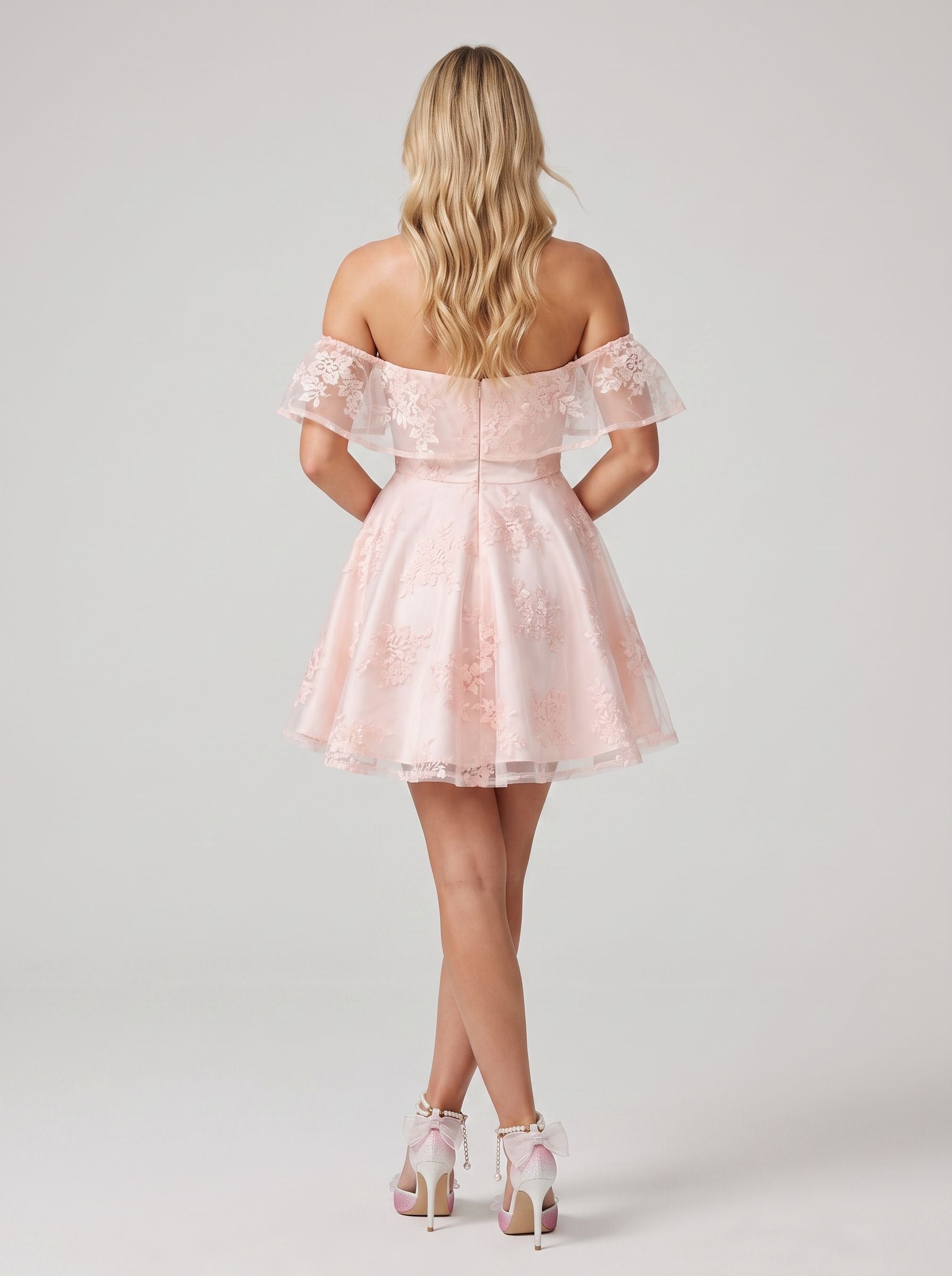 Pink Lace A-Line Off-the-Shoulder Back Zip Short Dress with Sweetheart Bodice