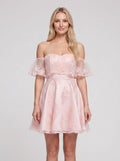 Pink Lace A-Line Off-the-Shoulder Back Zip Short Dress with Sweetheart Bodice