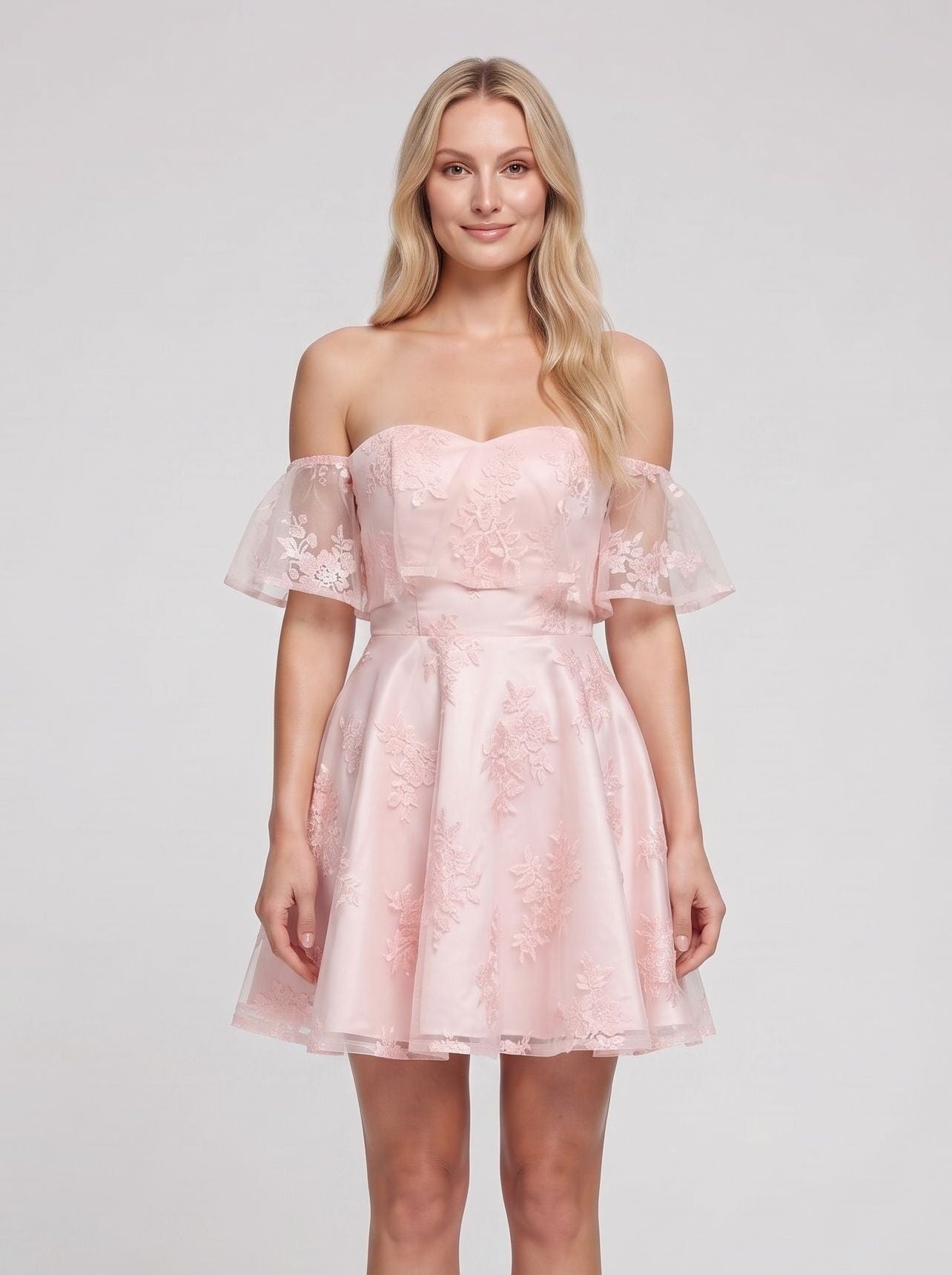 Pink Lace A-Line Off-the-Shoulder Back Zip Short Dress with Sweetheart Bodice
