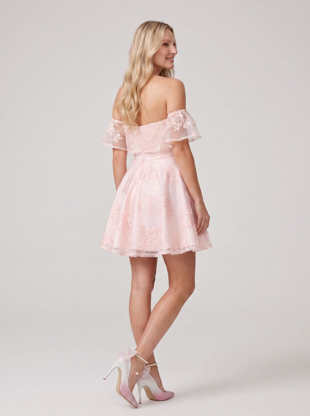 Pink Lace A-Line Off-the-Shoulder Back Zip Short Dress with Sweetheart Bodice