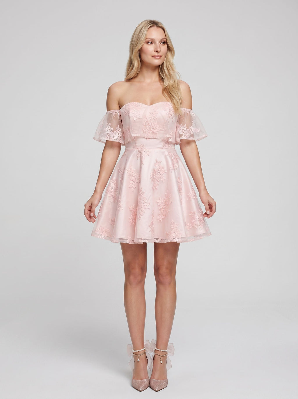 Pink Lace A-Line Off-the-Shoulder Back Zip Short Dress with Sweetheart Bodice
