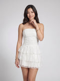 White Lace A-Line Straight Neck Back Zip Short Dress with Ruffled Hem