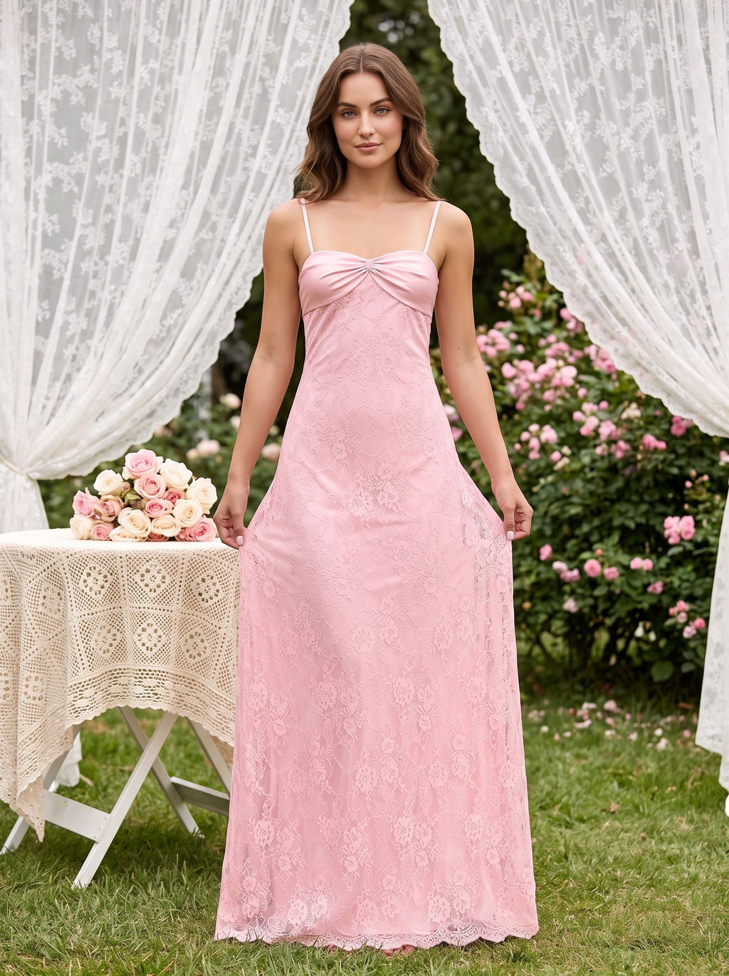 Petal Lace Sheath Straight Neck Side Zip Floor-Length Dress with Scalloped Bodice