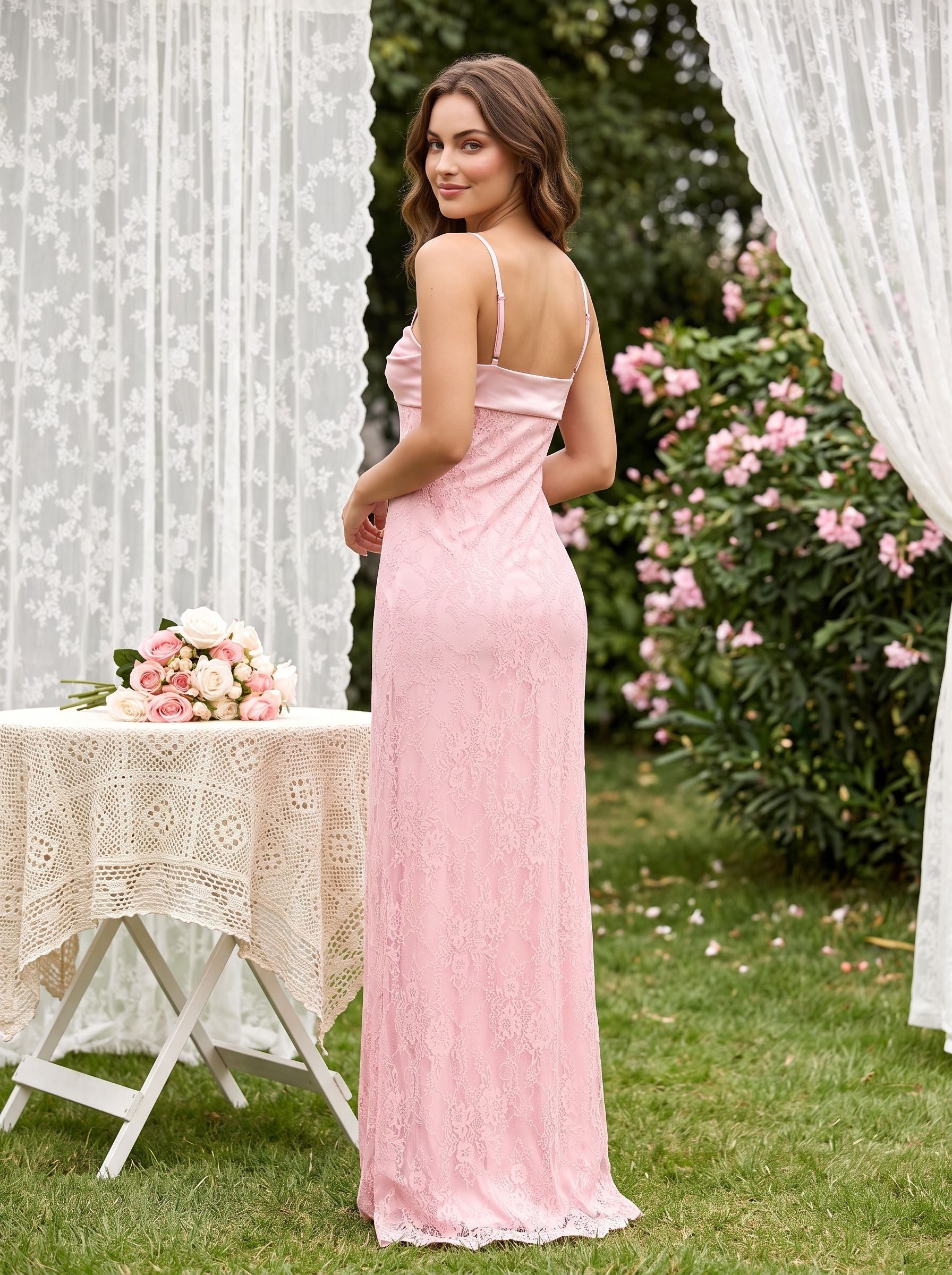 Petal Lace Sheath Straight Neck Side Zip Floor-Length Dress with Scalloped Bodice