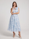 Sky Blue Matte Satin A-Line Scoop Neck Back Zip Midi Dress with Pockets