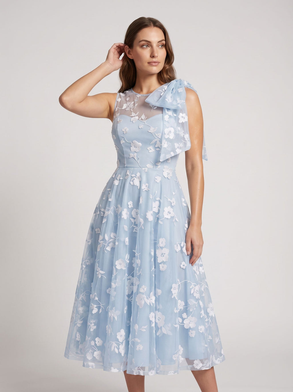 Sky Blue Matte Satin A-Line Scoop Neck Back Zip Midi Dress with Pockets