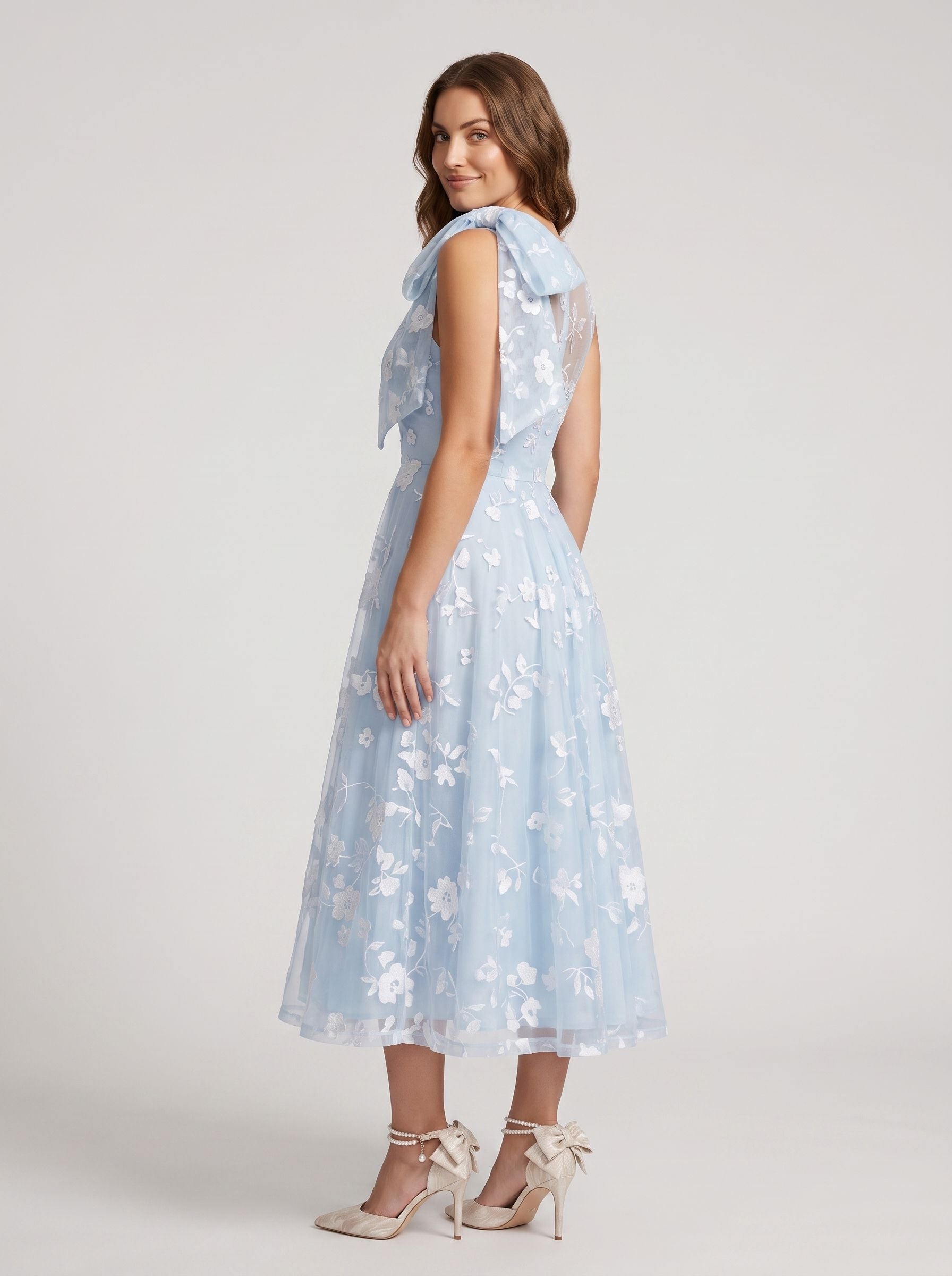 Sky Blue Matte Satin A-Line Scoop Neck Back Zip Midi Dress with Pockets