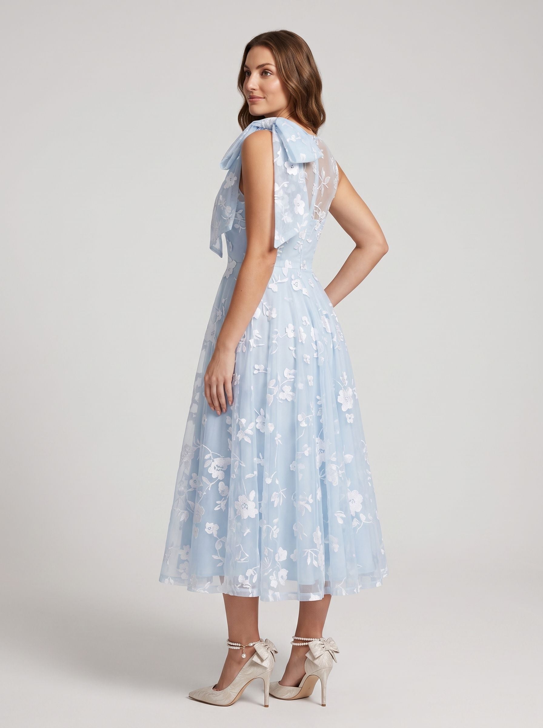 Sky Blue Matte Satin A-Line Scoop Neck Back Zip Midi Dress with Pockets