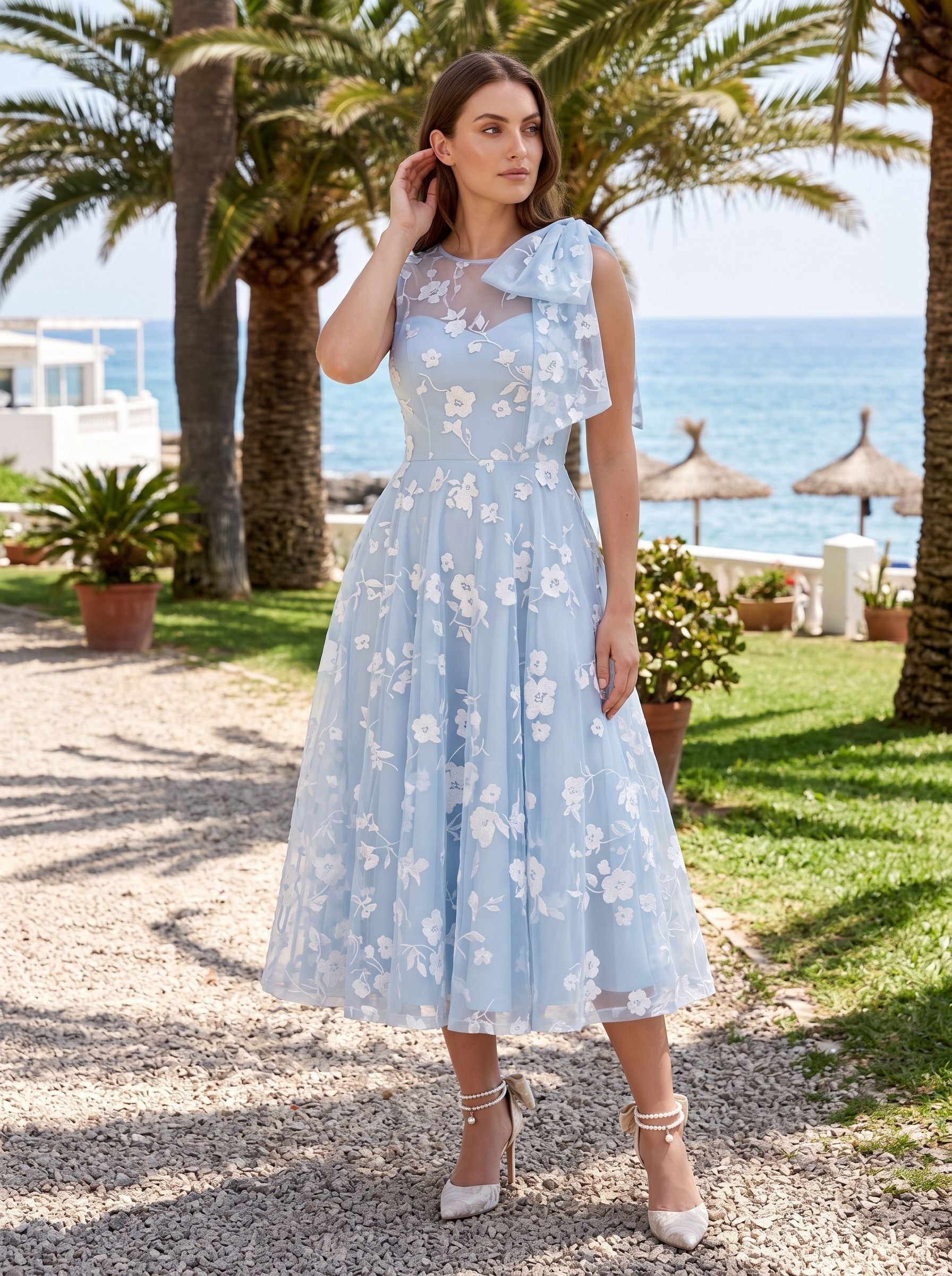 Sky Blue Matte Satin A-Line Scoop Neck Back Zip Midi Dress with Pockets