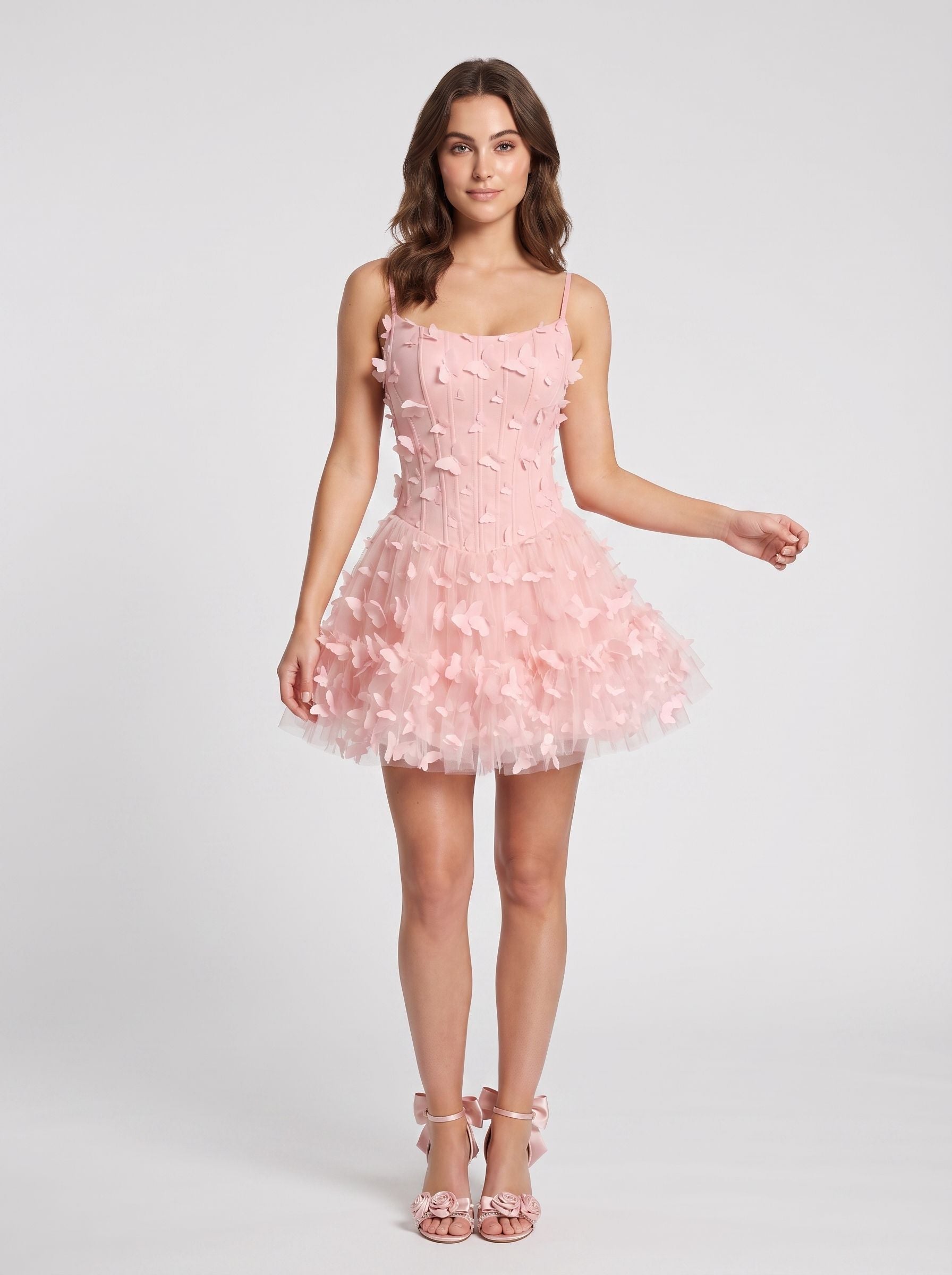 Petal Tulle A-Line Scoop Neck Lace-up Short Dress with 3D Butterflies