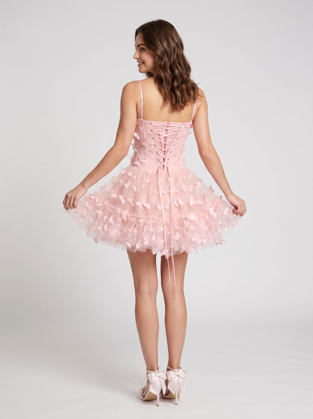 Petal Tulle A-Line Scoop Neck Lace-up Short Dress with 3D Butterflies