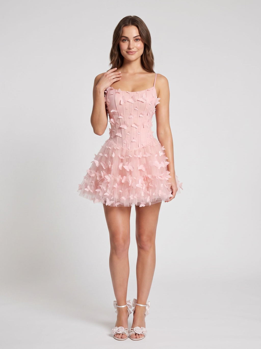 Petal Tulle A-Line Scoop Neck Lace-up Short Dress with 3D Butterflies