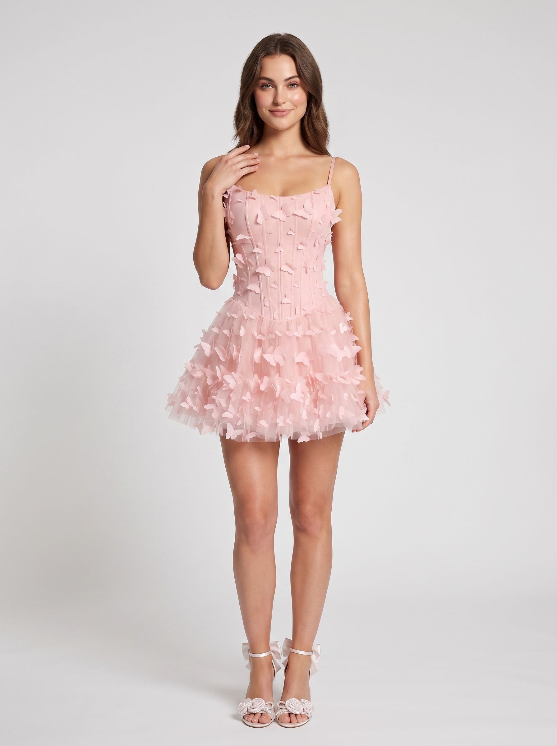 Petal Tulle A-Line Scoop Neck Lace-up Short Dress with 3D Butterflies