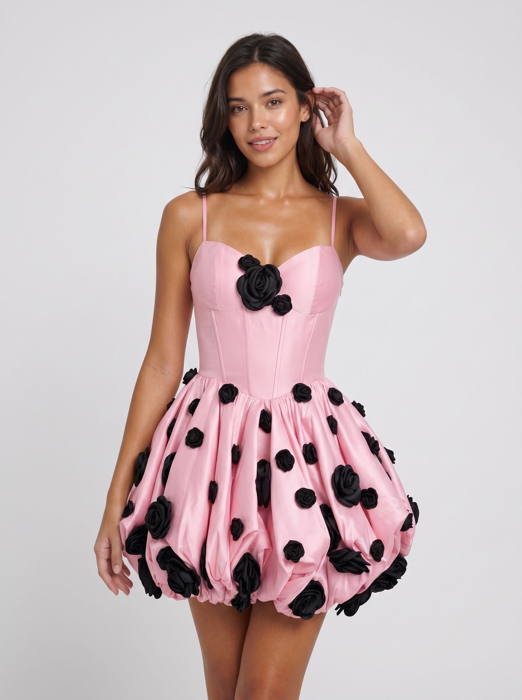 Pink Satin A-Line Sweetheart Back Zip Short Dress with 3D Flowers