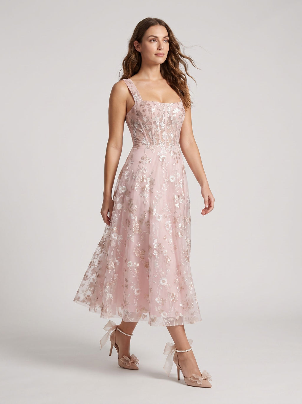 Petal Tulle A-Line Square Neck Back Zip Tea-Length Dress with Floral Embroidery