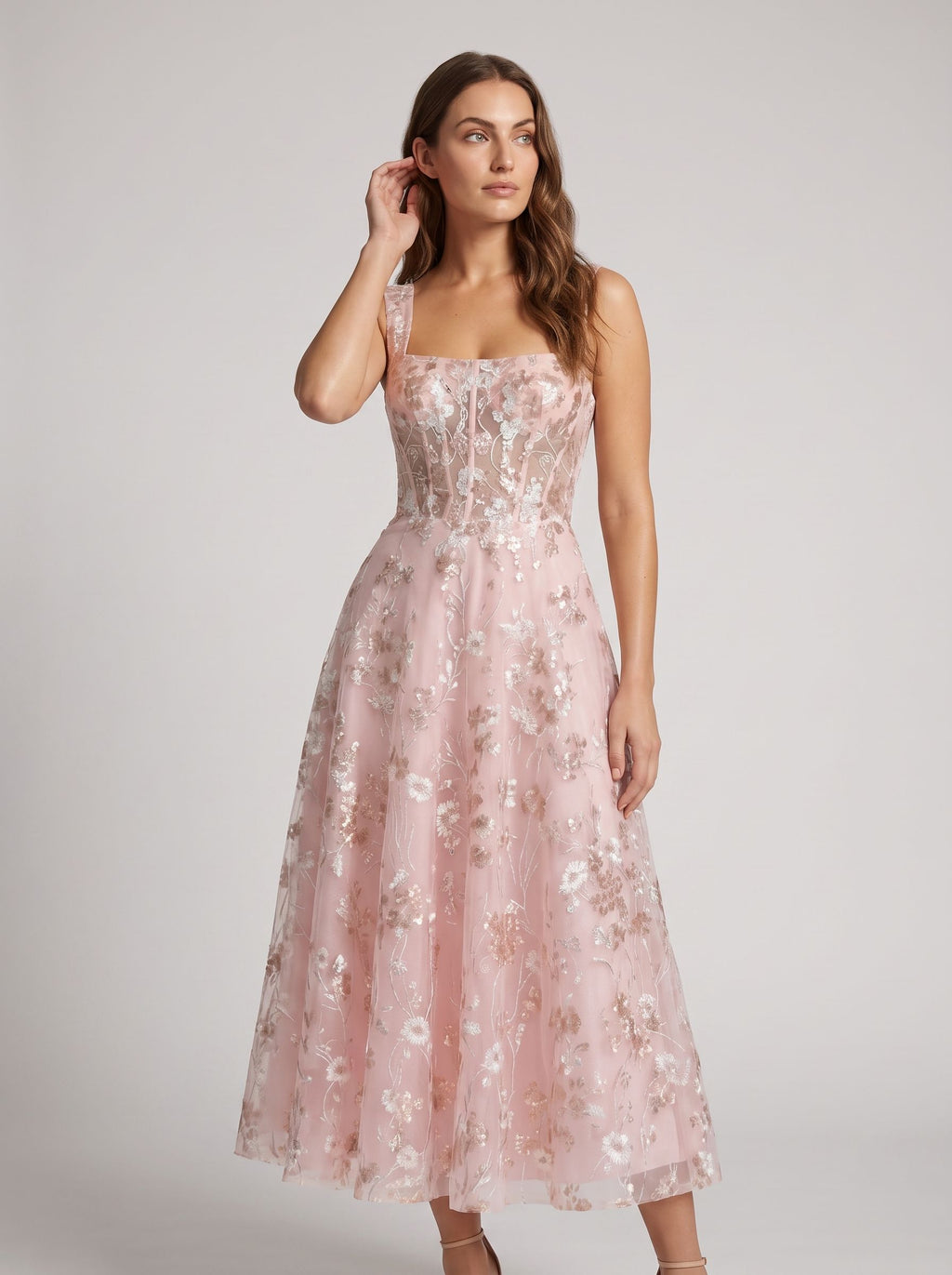 Petal Tulle A-Line Square Neck Back Zip Tea-Length Dress with Floral Embroidery